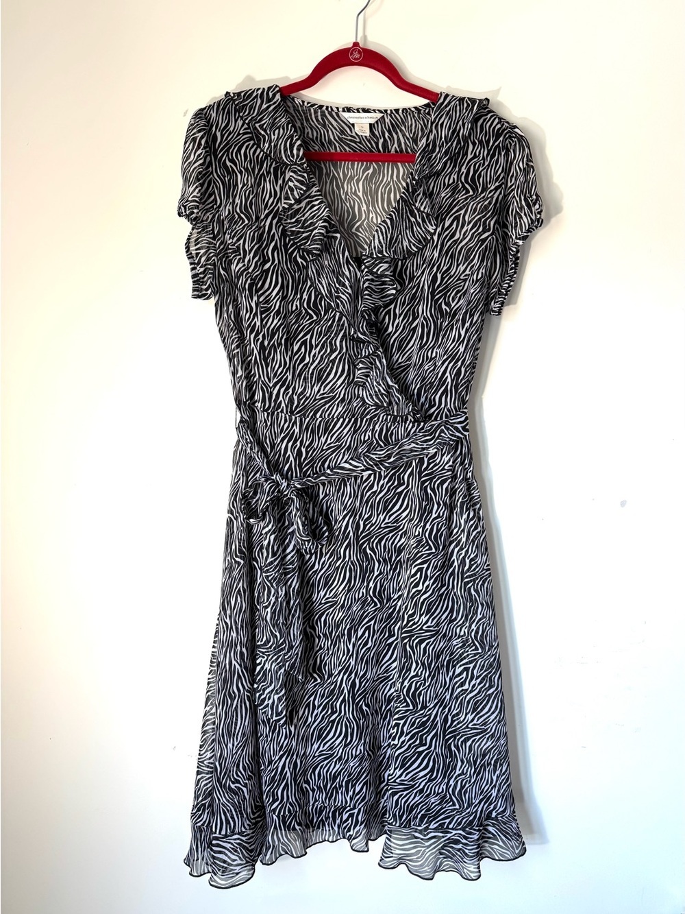 Christopher & Banks Zebra Print Sheer Flutter Sleeve Ruffle Dress sz 16